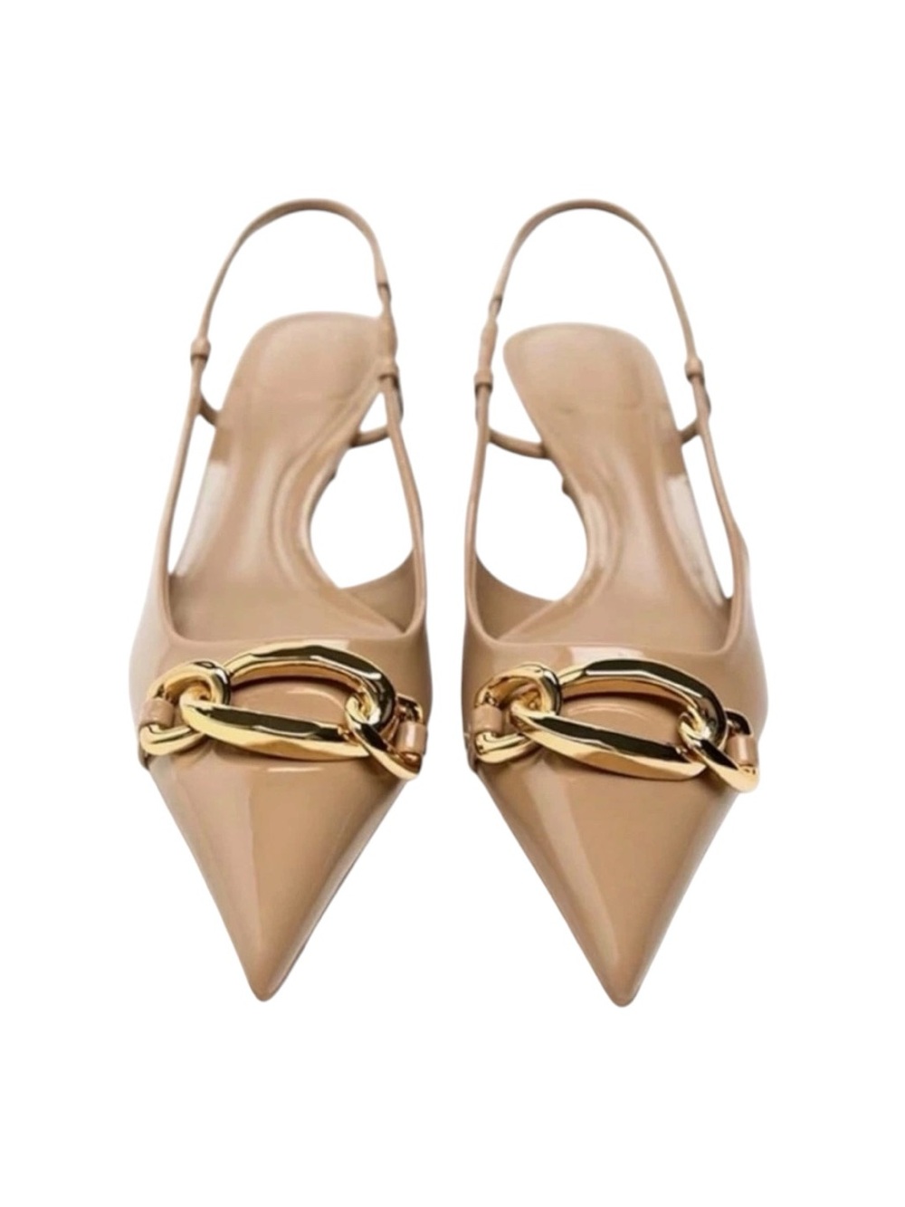 ZARA • Patent Leather Beige Gold Hardware Kitten Slingback Heels Size 37